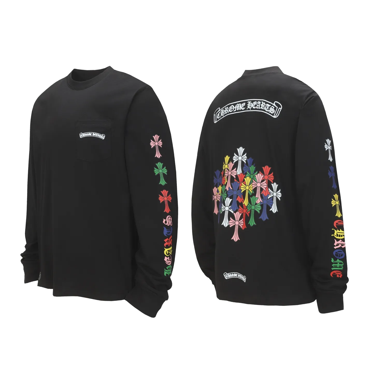 P160 -Chrome Hearts/Chrome Hearts Colorful Cross ✝️Sanskrit letters explosive long-sleeved T-shirt -High weight, high density and high quality. The wool is soft, delicate and skin-friendly. It feels soft and silky. It has excellent warmth and skin-friendly properties.